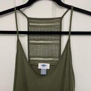Green tank top, crochet detail